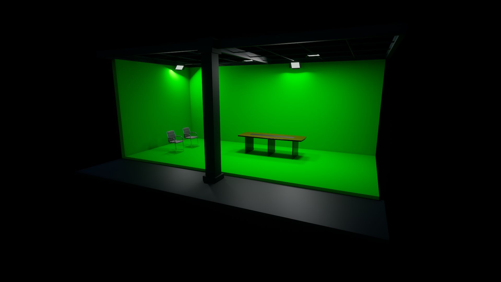 Very wide shot of a digital twin of our green screen stage